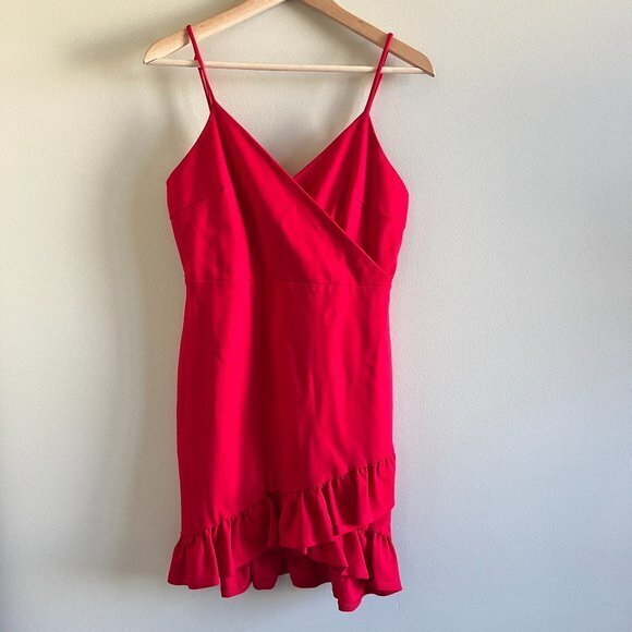 Lulus Sealed With a Kiss Red Bodycon Dress Size L  Ruffle Hem Strappy - Picture 2 of 9